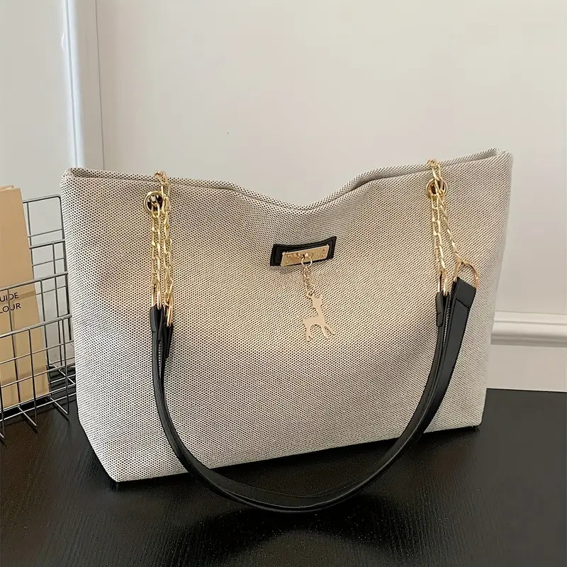 1pc Fashionable Polyester Tote Bag - Large Capacity, Adjustable Contrast Strap, Zipper Closure, Deer Charm for Women (Messenger Bag Style)