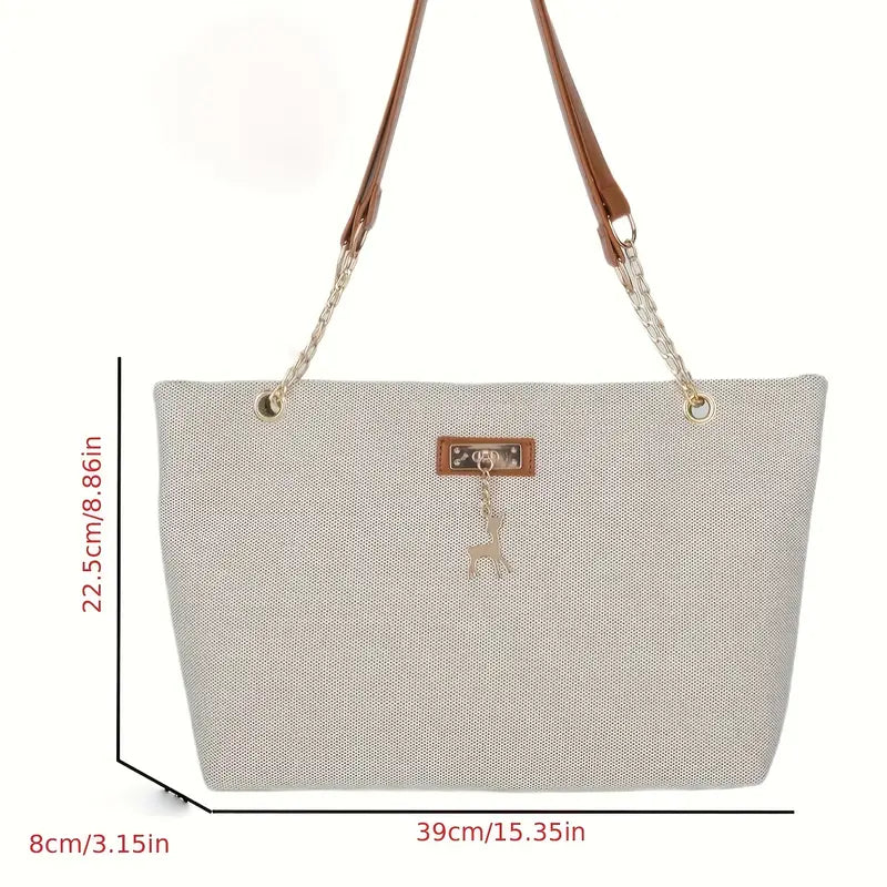 1pc Fashionable Polyester Tote Bag - Large Capacity, Adjustable Contrast Strap, Zipper Closure, Deer Charm for Women (Messenger Bag Style)