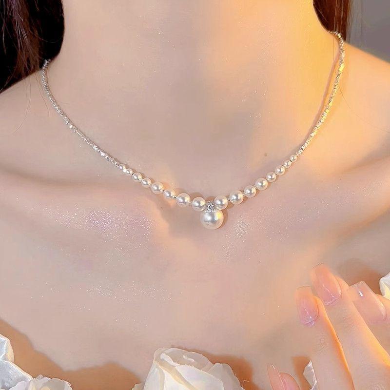 925 imitation pearl pendant necklace simple clavicle chain light luxury exquisite cold white moonlight