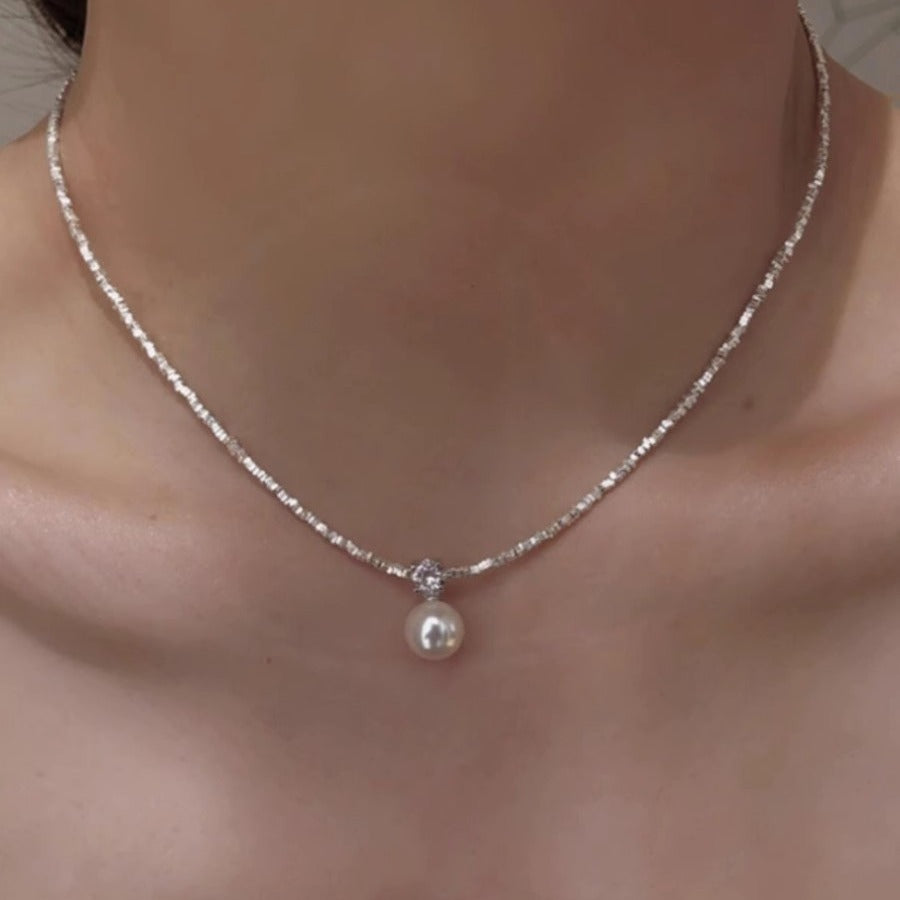 925 silver imitation pearl s925 high-end light luxury clavicle necklace temperament versatile broken silver light luxury