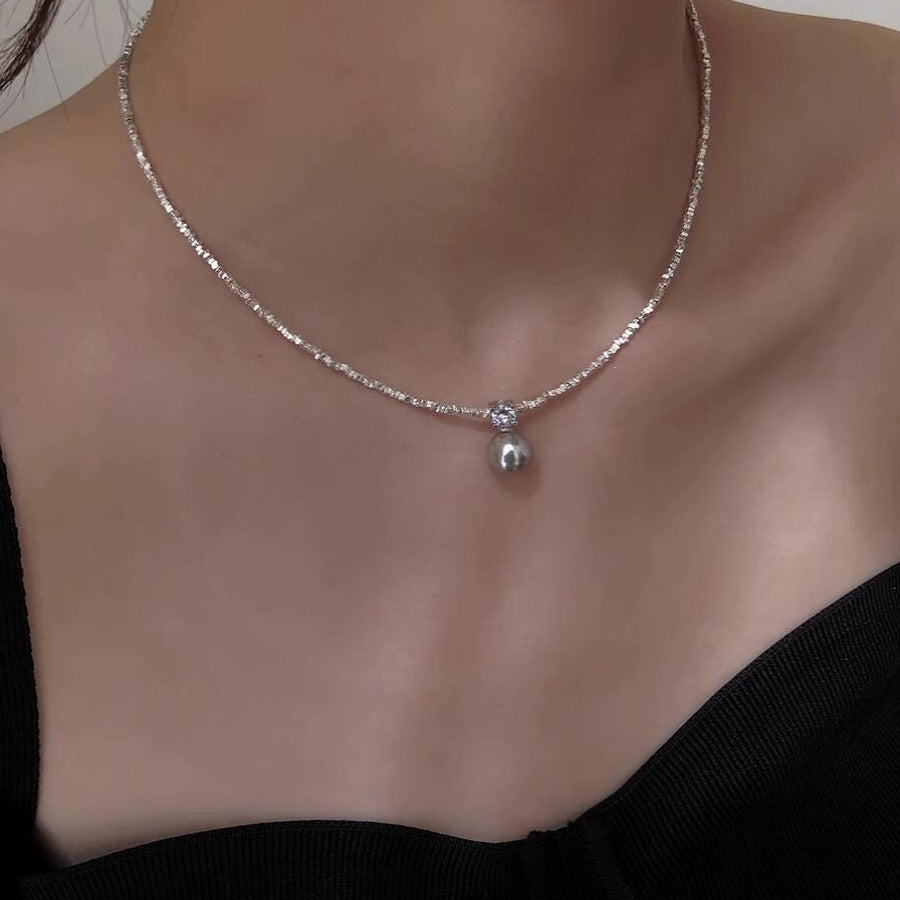 925 silver imitation pearl s925 high-end light luxury clavicle necklace temperament versatile broken silver light luxury