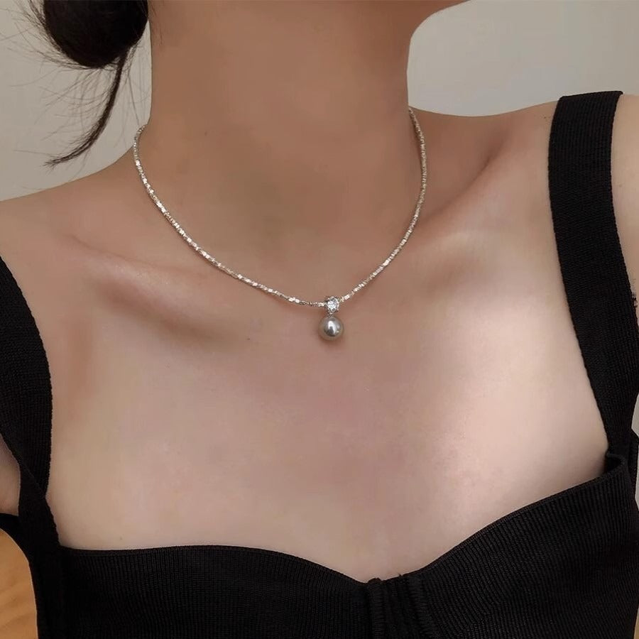 925 silver imitation pearl s925 high-end light luxury clavicle necklace temperament versatile broken silver light luxury