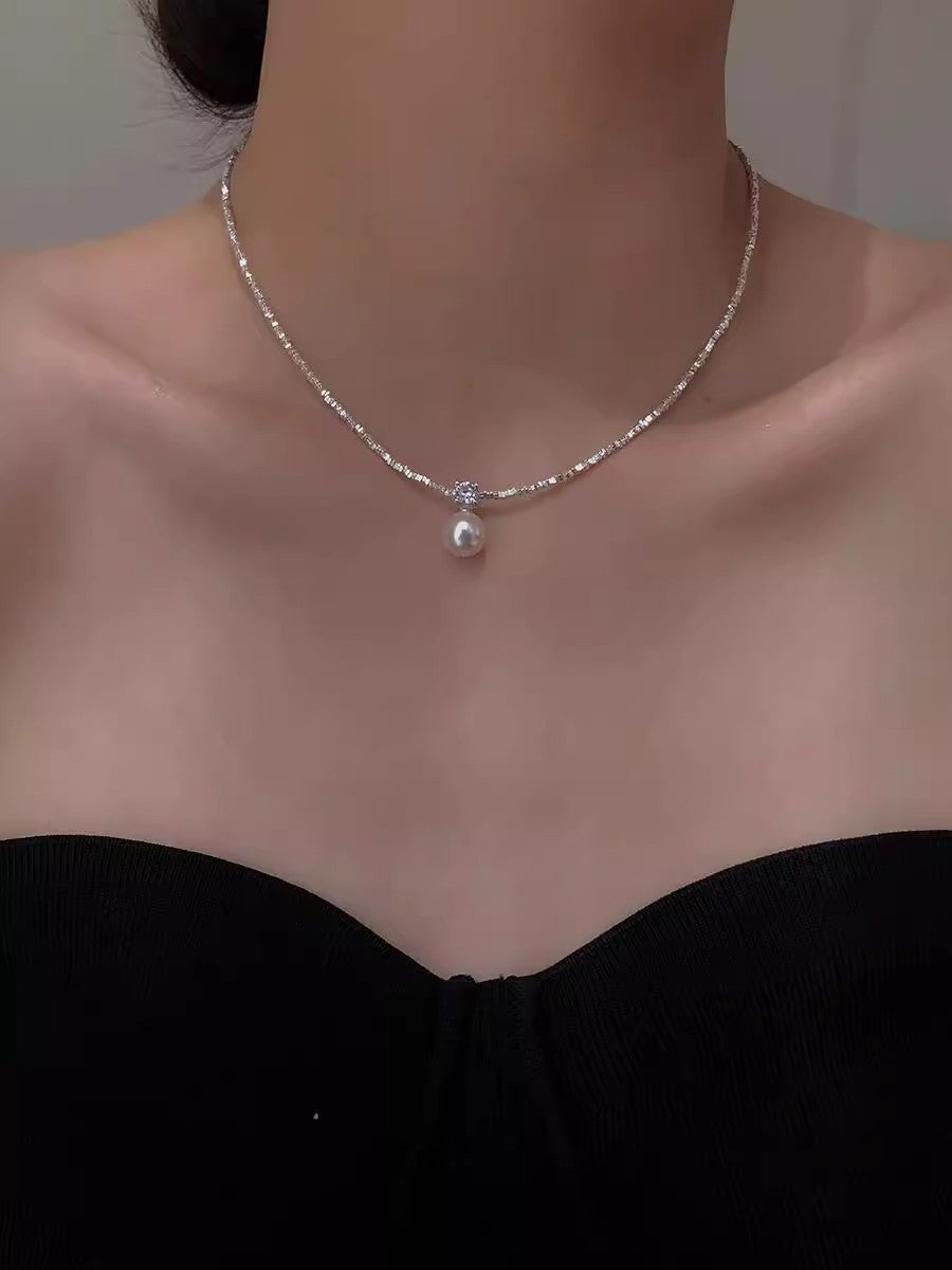 925 silver imitation pearl s925 high-end light luxury clavicle necklace temperament versatile broken silver light luxury