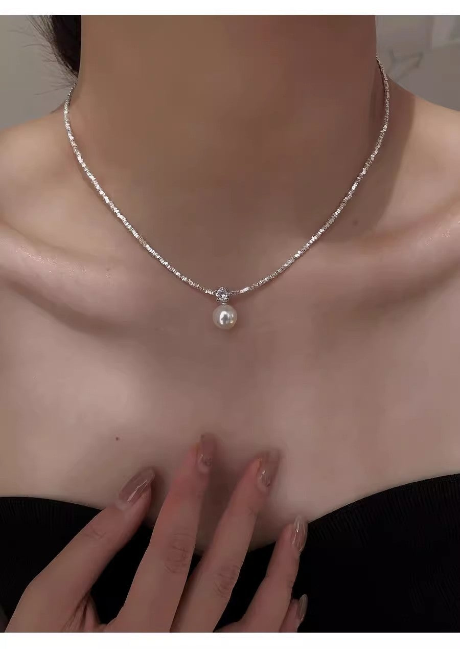 925 silver imitation pearl s925 high-end light luxury clavicle necklace temperament versatile broken silver light luxury
