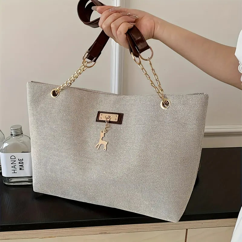 1pc Fashionable Polyester Tote Bag - Large Capacity, Adjustable Contrast Strap, Zipper Closure, Deer Charm for Women (Messenger Bag Style)
