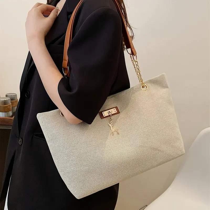 1pc Fashionable Polyester Tote Bag - Large Capacity, Adjustable Contrast Strap, Zipper Closure, Deer Charm for Women (Messenger Bag Style)