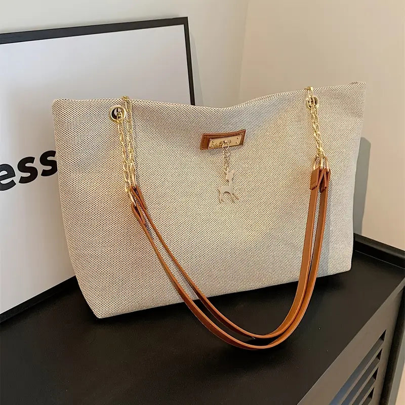 1pc Fashionable Polyester Tote Bag - Large Capacity, Adjustable Contrast Strap, Zipper Closure, Deer Charm for Women (Messenger Bag Style)