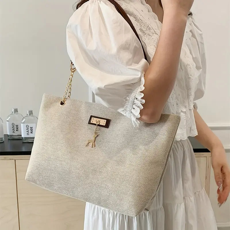 1pc Fashionable Polyester Tote Bag - Large Capacity, Adjustable Contrast Strap, Zipper Closure, Deer Charm for Women (Messenger Bag Style)