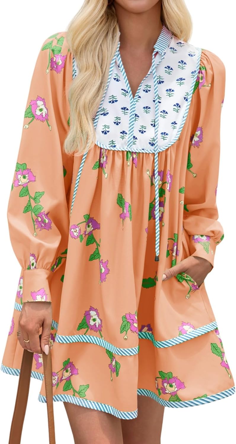 Womens Casual Floral Mini Dress 2025 Fall Long Sleeve V Neck Patchwork Loose Boho Shirt Dresses