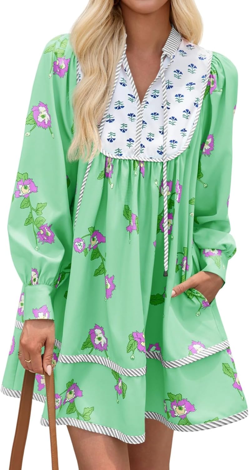 Womens Casual Floral Mini Dress 2025 Fall Long Sleeve V Neck Patchwork Loose Boho Shirt Dresses