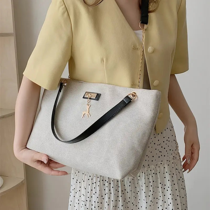 1pc Fashionable Polyester Tote Bag - Large Capacity, Adjustable Contrast Strap, Zipper Closure, Deer Charm for Women (Messenger Bag Style)