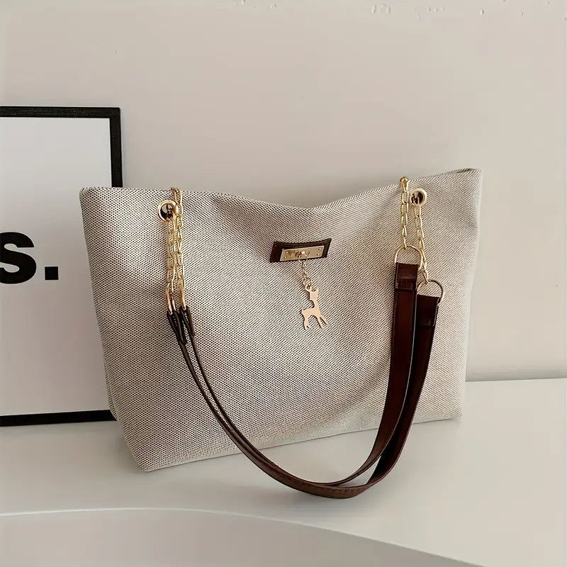 1pc Fashionable Polyester Tote Bag - Large Capacity, Adjustable Contrast Strap, Zipper Closure, Deer Charm for Women (Messenger Bag Style)