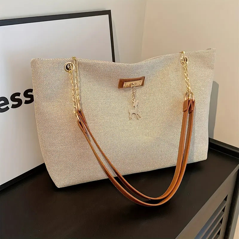 1pc Fashionable Polyester Tote Bag - Large Capacity, Adjustable Contrast Strap, Zipper Closure, Deer Charm for Women (Messenger Bag Style)