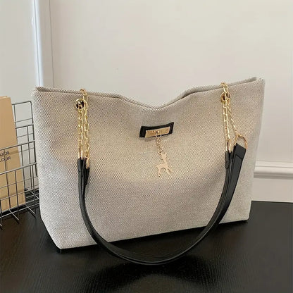 1pc Fashionable Polyester Tote Bag - Large Capacity, Adjustable Contrast Strap, Zipper Closure, Deer Charm for Women (Messenger Bag Style)