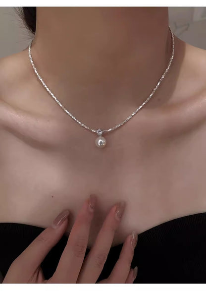 925 silver imitation pearl s925 high-end light luxury clavicle necklace temperament versatile broken silver light luxury