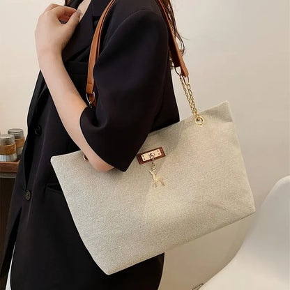 1pc Fashionable Polyester Tote Bag - Large Capacity, Adjustable Contrast Strap, Zipper Closure, Deer Charm for Women (Messenger Bag Style)