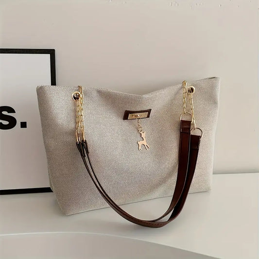 1pc Fashionable Polyester Tote Bag - Large Capacity, Adjustable Contrast Strap, Zipper Closure, Deer Charm for Women (Messenger Bag Style)
